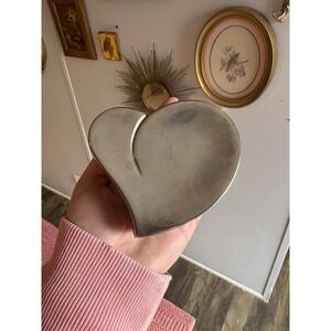 Vintage Heart Shaped Jewelry Trinket Box Blue Velvet Lined Silver Plated Velvet